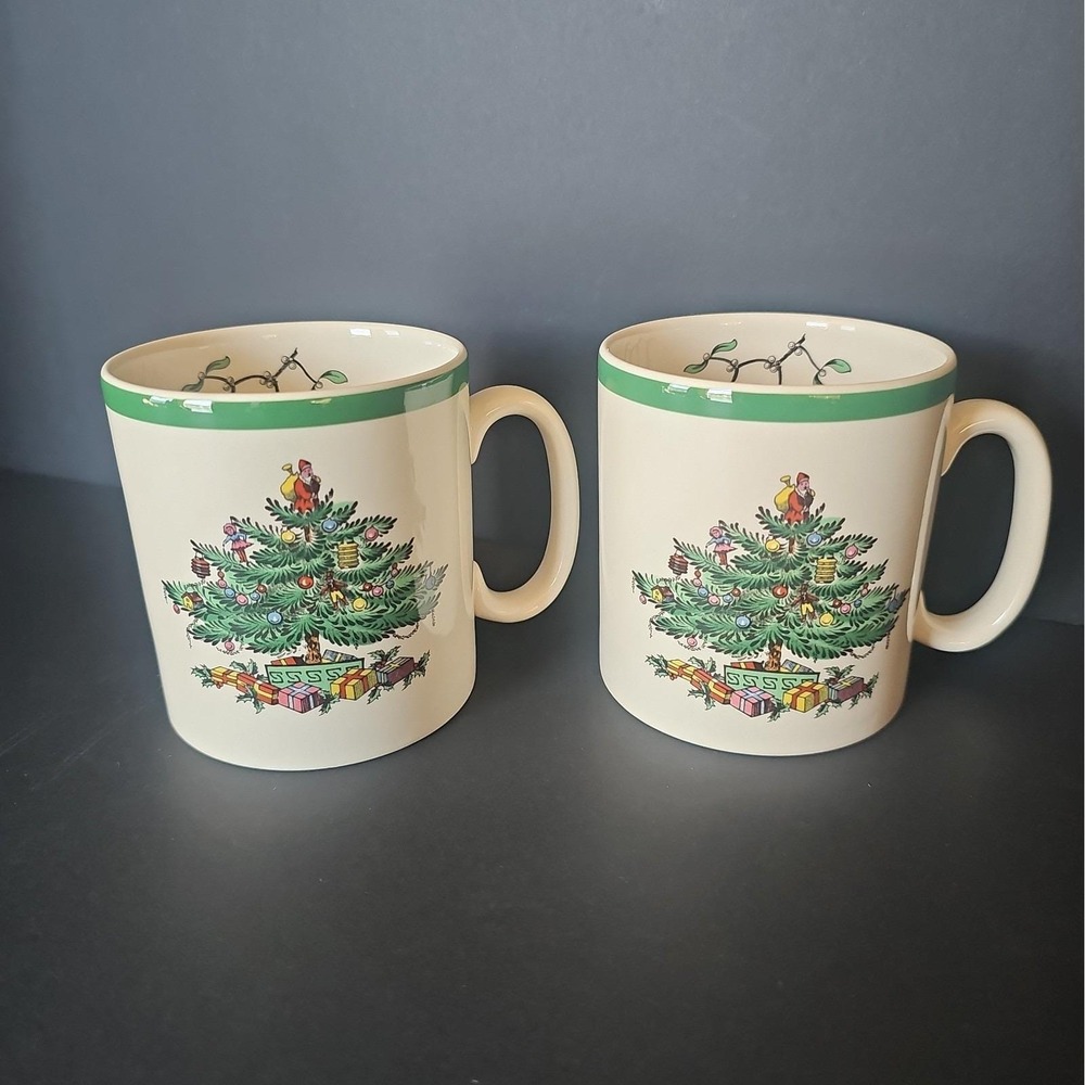 2 Spode Christmas Tree Mugs Made in England Green Trim 3.25" Holiday Coffee Cups